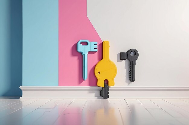 Photo 3d rendering of white symbol of french key and screwdriver icon leaning on on color wall with floor blurred reflection with empty space on right side