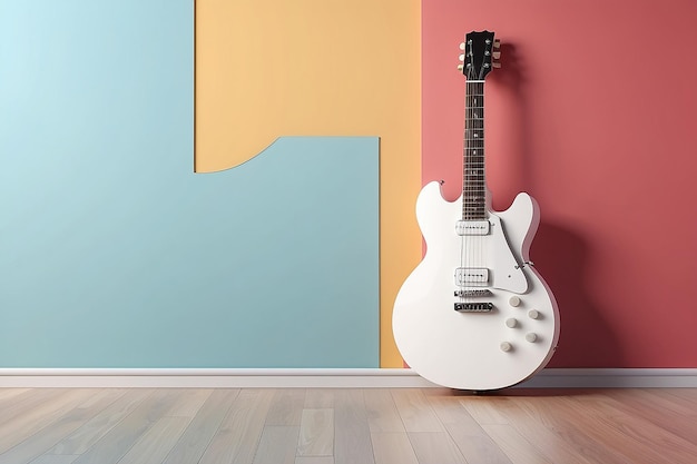 3D レンダリング:ギター・インストゥルメントのアイコンが白いシンボルで色の壁に寄りかかっており右側には空きスペースが付いている