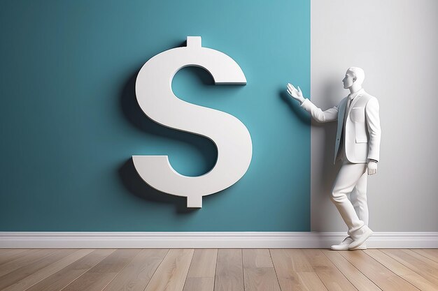 3d rendering of white symbol of hand holding dollar symbol icon leaning on on color wall with floor blurred reflection with empty space on right side