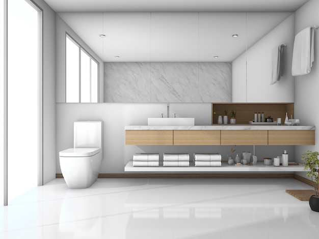 3d rendering white tile modern bathroom