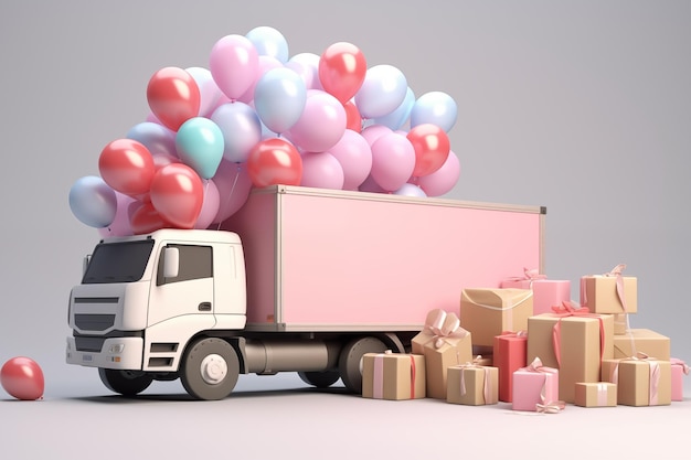 Foto rendering 3d di un camion bianco con palloncini e regali su uno sfondo grigio