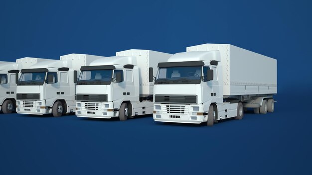 3D rendering of white trucks against a blue background,