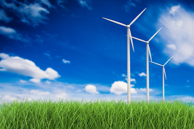 3d rendering wind turbines in grass field