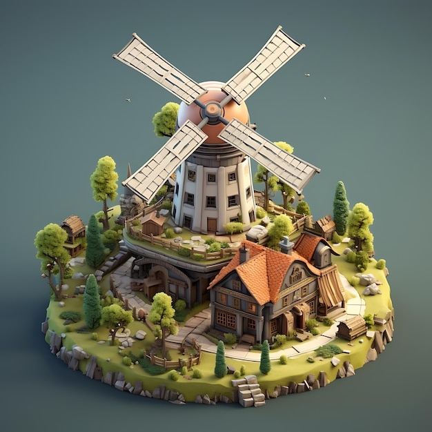 3d rendering of windmill city isometric miniature