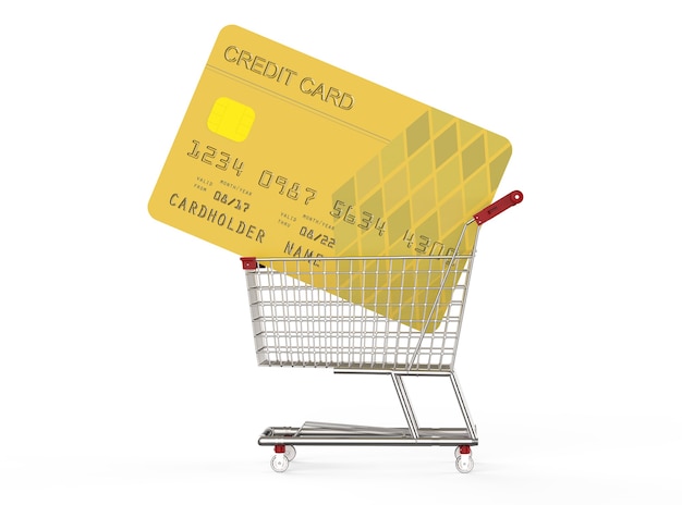 Foto 3d-rendering winkelwagentje met creditcard op witte achtergrond