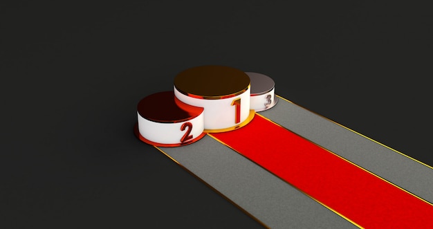3D rendering of winners Podium. Gold, Silver and Bronze podium with confetti. 