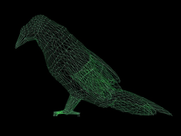 Photo 3d rendering wireframe polygonal bird isolated on black