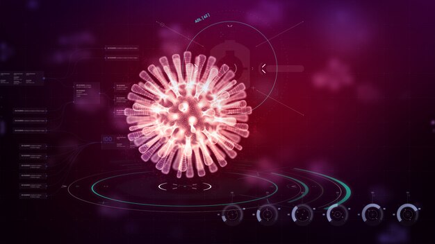 3D-rendering wireframe-virus voor Covid-19 Coronavirus-uitbraakconcept, met chemische structuurachtergrond, 3D-medisch van zwevende influenzaviruscellen in microscopisch beeld, pandemisch risicoconcept