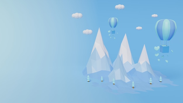 3d rendering with polygon mountains and balloons blue color abstract background valentines day concept