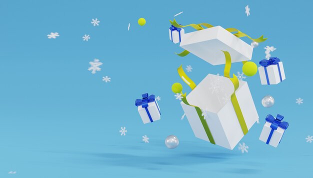 3D-rendering Witte geschenkdoos met geel lint en sneeuwvlokken op blauwe achtergrond.