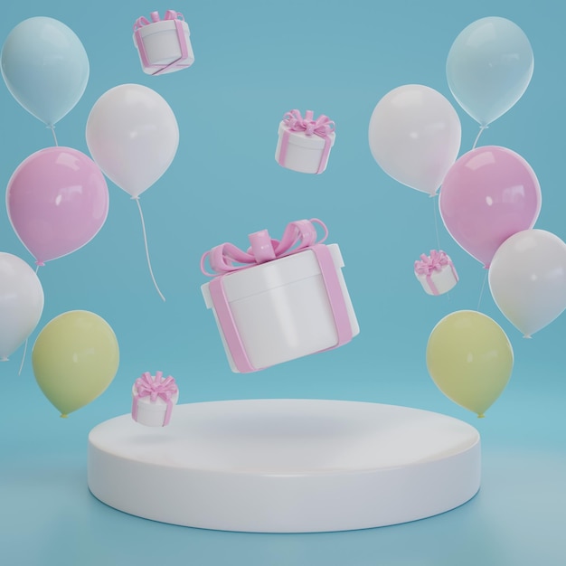 3D-rendering witte geschenkdoos met pastel ballon op blauwe achtergrond