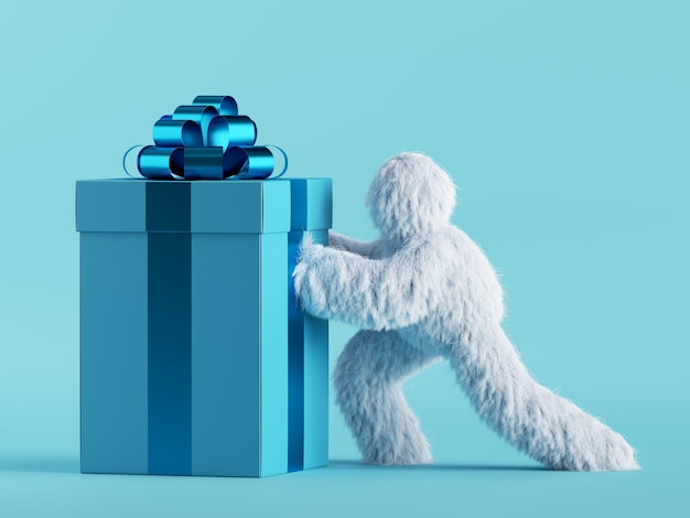 3d rendering witte harige yeti duwt de grote zware geschenk doos bigfoot