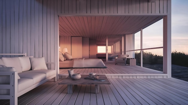 3D rendering witte houten woonkamer bij slaapkamer boven