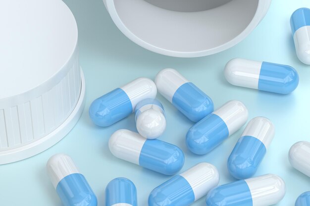 3D-rendering witte medicijnfles met capsules