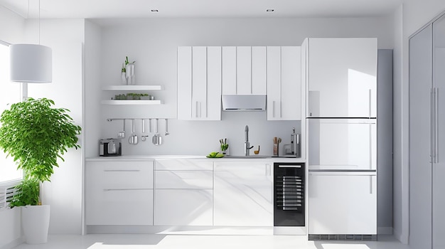 3D-rendering witte moderne design keuken met koelkast