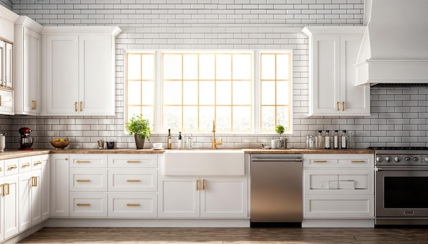 3d rendering witte moderne keuken in loft stijl met witte bakstenen muur
