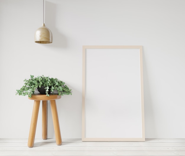 3D-rendering witte poster frame mockupon de witte muur, tafel, mand en plant op de houten vloer, ruwe betonnen muur