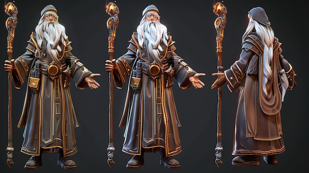 Photo a 3d rendering of a wizard he has a long white beard and is wearing a blue robe he is holding a staff in his right hand