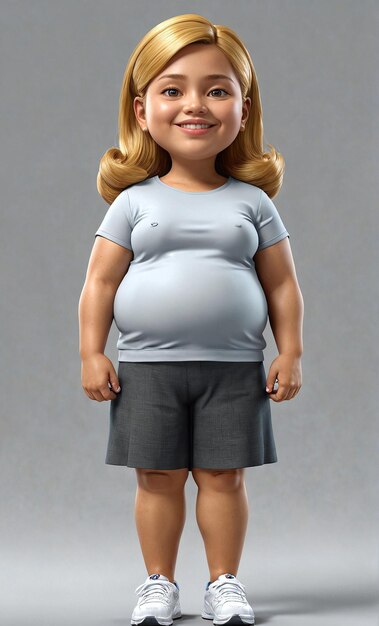 a 3d rendering of a woman in a grey shirt and shorts