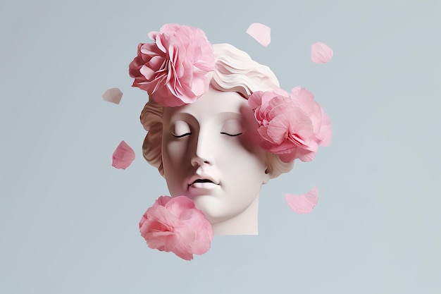 3d rendering testa di donna isolata minima moda sfondo testa di scultura fiori sulla testa colori pastello rosa