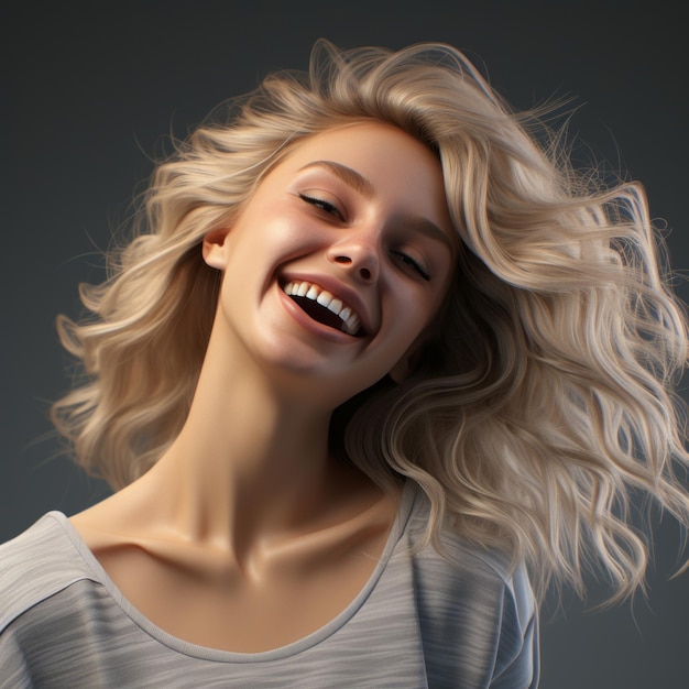 a 3d rendering of a woman with her hair blowing in the wind