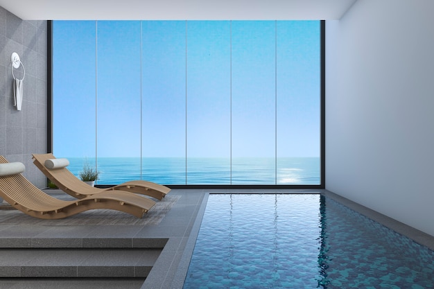 3d rendering wood bed bench near pool and sea view from window with modern design