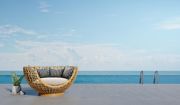 Photo 3d rendering wood bench outdoor rest area pool villa high luxury sea view blue sea and sky summer