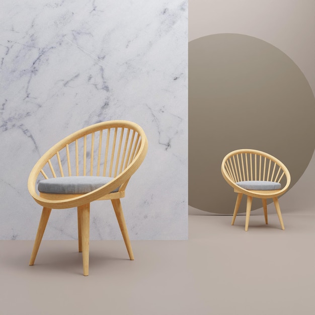 Photo 3d rendering wood chair on white marble background