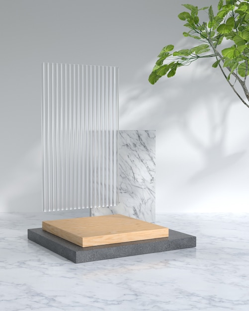 3d rendering of wood podium and Plant.