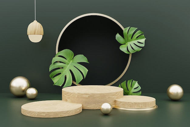 3d rendering of wood podium for product display with monstera leaves.