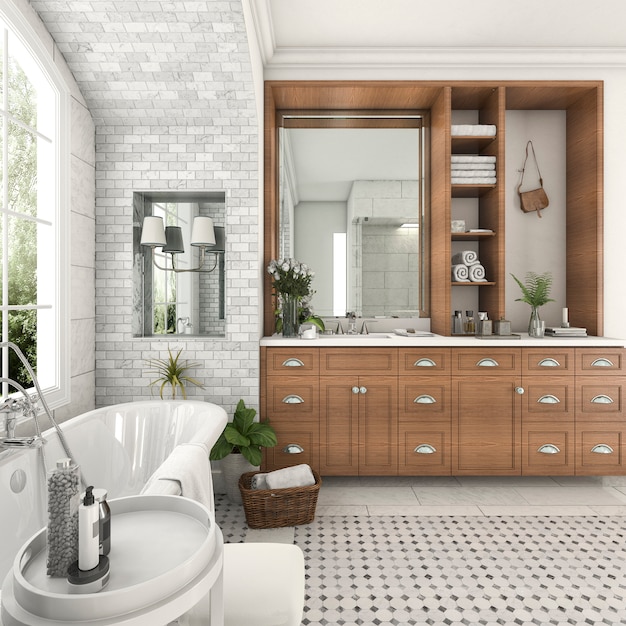 Photo 3d rendering wood and tile design bathroom near window with arc brick wall