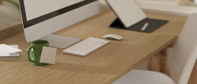 사진 3d 렌더링 나무 컴퓨터 책상 장비 찻잔 및 흰색 의자와 디지털 태블릿