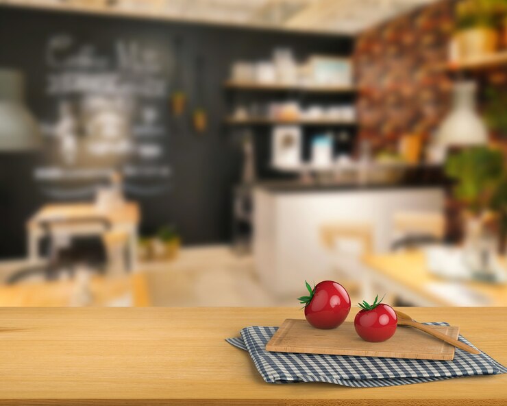 Photo 3d rendering wooden counter top with tomato and chopping board on kitchen cabinet background