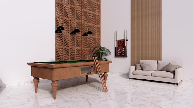 3d rendering wooden house with billiard table interior design