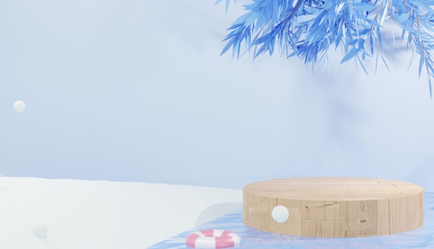 3d rendering wooden podium on water surrounded by snow winter theme