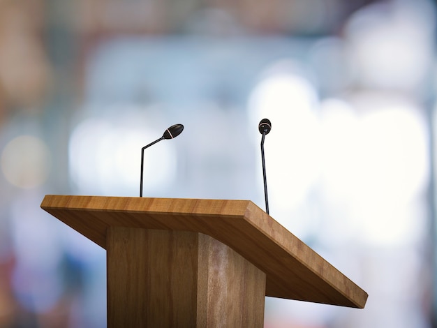 Photo 3d rendering wooden podium with microphone on blurred background