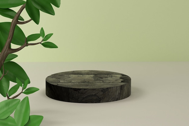 3d rendering wooden product display podium with  nature leaves background