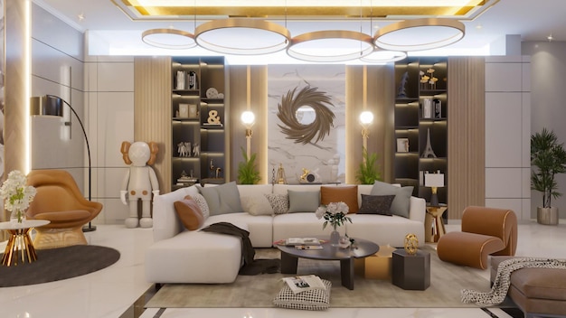 3D rendering woonkamer met een grote witte bank en een grote ronde salontafel