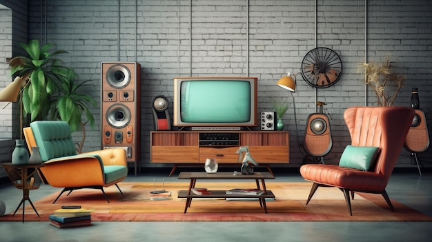 3D-rendering woonkamer retro-stijl minimalistisch design Generatieve AI