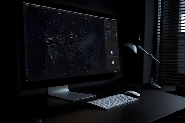 Foto rendering 3d di un tavolo di lavoro con computer e mouse in una stanza buia