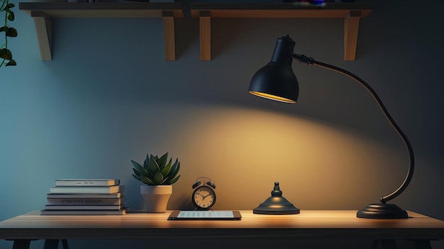 Foto rendering 3d di un tavolo di lavoro con una lampada e libri