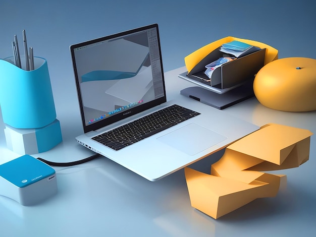 Foto rendering 3d del tavolo della scrivania dello spazio di lavoro con portatile galleggiante e accessori per l'ufficio