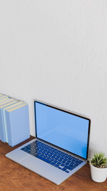 Photo 3d rendering of workspace at home with laptop near books and a flower pot study theme