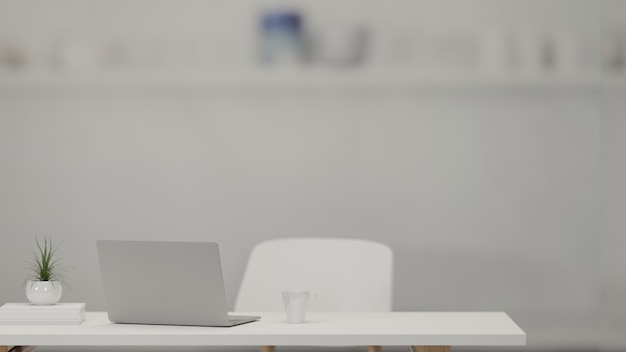 3D rendering, worktable with computer laptop, glass of water and plant pot in home office room, 3D illustration