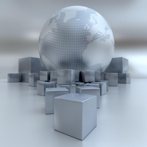 Foto rendering 3d di un globo mondiale e blocchi nei toni del grigio e dell'argento