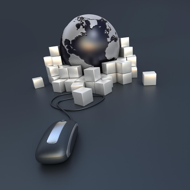 3D rendering of a world globe a computer mouse and lots of parcels in grey and silver shades