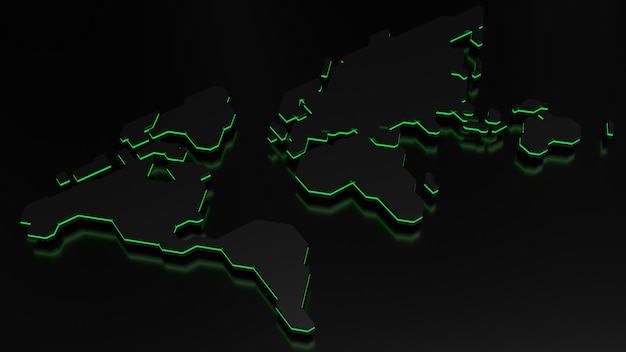 暗いスタイルでの世界地図の3Dレンダリング