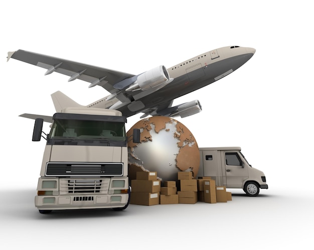 3D rendering of  a world map, packages a van, a truck and an airplane