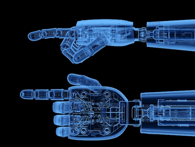 3d 렌더링 엑스레이 사이보그 손 또는 로봇 손 손가락 포인트 검정에 격리