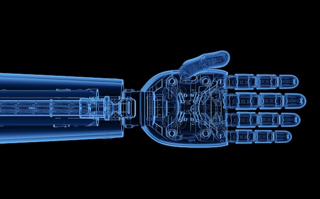 3d-рендеринг рентгеновской руки киборга или руки робота, изолированной на черном